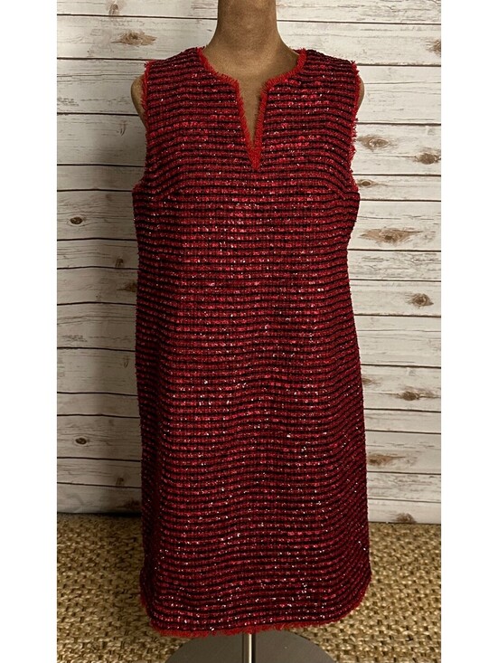 Ann Taylor Dresses & Skirts - Ann Taylor red black metallic tweed fringe V-neck sleeveless shift dress Size 6